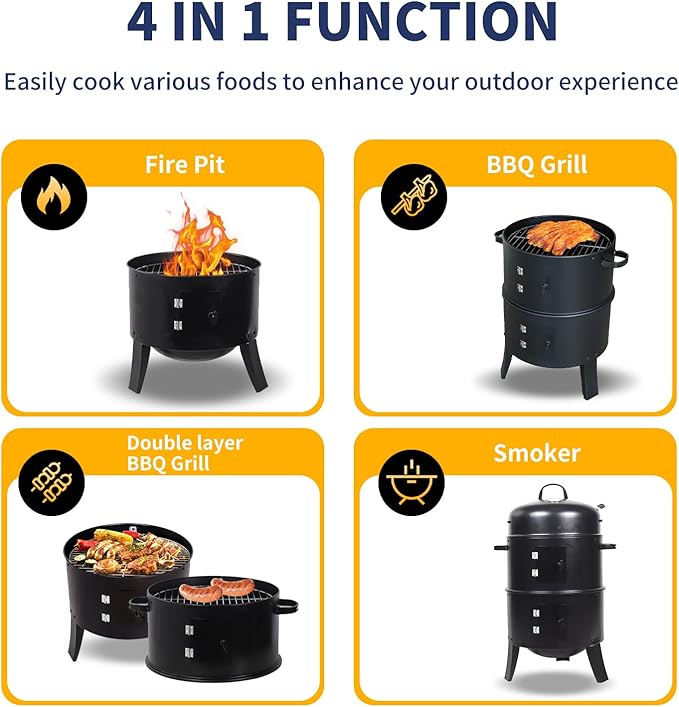 16 inch Vertical Charcoal Smoker, Mini BBQ Grill, Fire Pit, 3-in-1 with Built-in Thermometer, Adjustable Air Vent, Idea for Parties, Backyard, Patio, Camping