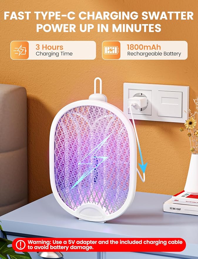 Electric Fly Swatter Foldable Bug Zapper Racket with 4000V 1800mAh Rechargeable Battery 5-Layer Safety Mesh Dual Modes with Mosquito Light Suitable for Indoor or Outdoor Use (White)