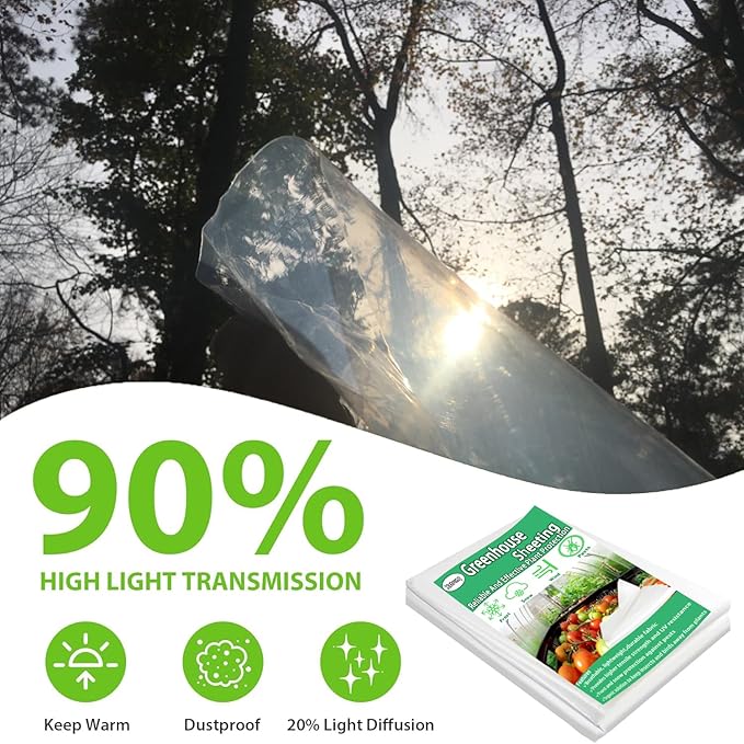 10FTx20FT Greenhouse Plastic Sheeting, 6 Mil Thick Clear Polyethylene Film, Waterproof Wind Frost Dust UV Resistant Green House Plastic Covering for Outdoor Plant, Garden, (10ft x 20ft)