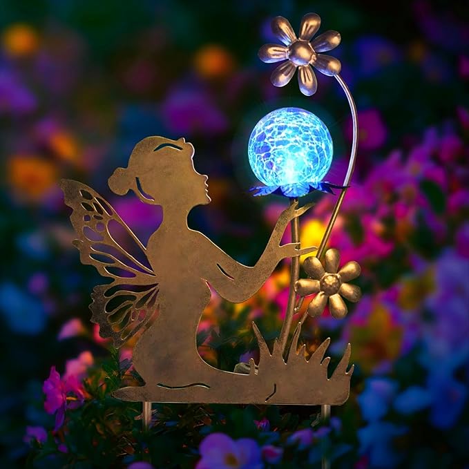 HONGLAND Fairy Garden Accesorries Solar Lights Garden Decor for Outside, Fairy Figurine Moon Lights Stake Housewarming Gifts for Patio Lawn Yard Pathway- Unique Gardening Gifts for Women Mom Grandma