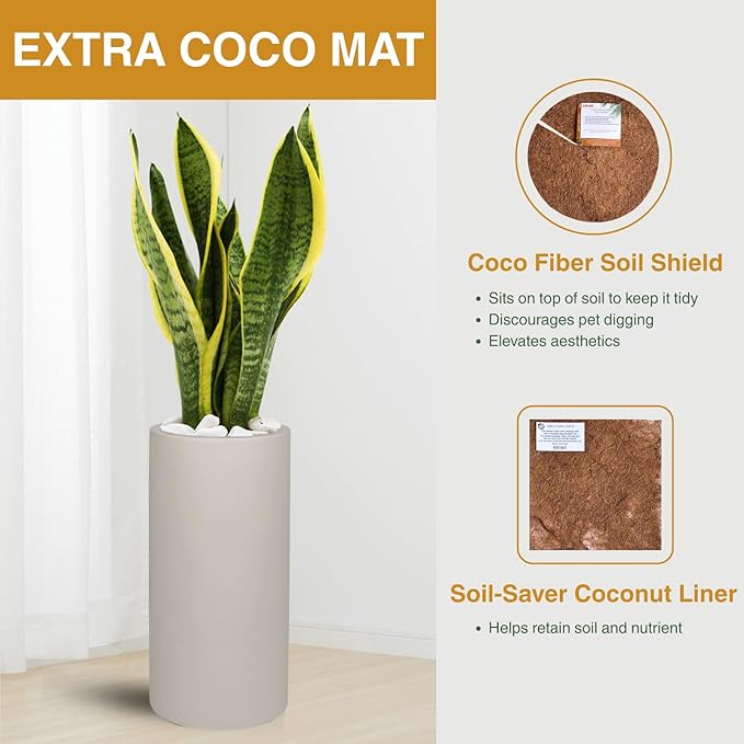 19.5"H x 9.8"D Tubo Fiberstone Cylinder Tall Planter with Drainage Hole, Smooth Finishes, Weather Resistant for Indoor and Outdoor Use, Included 2 Extra Coco Mats (Taupe, 8.2" Pot Opening)