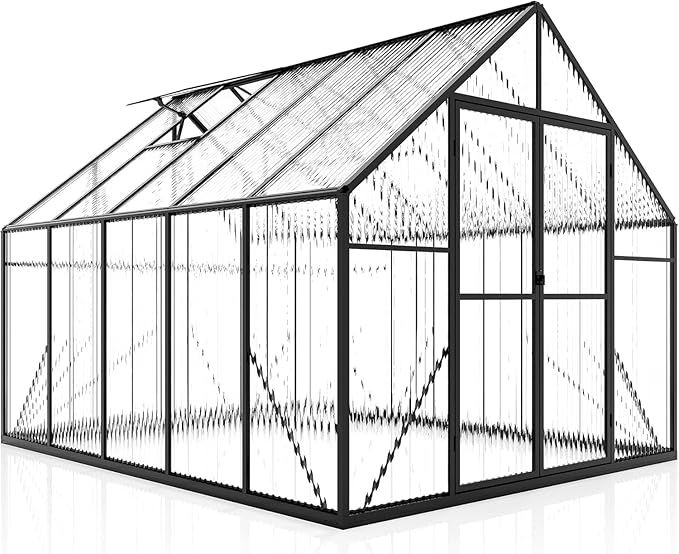 Jocisland 8x10x7 FT Polycarbonate Greenhouses for Outdoors, 2 Top-Opening Windows, 2 Swing Doors, Aluminum Walk-in Heavy Duty for Outdoor Use, Backyard Garden, Black
