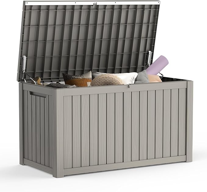 Mars Villa 180 Gallon Outdoor Storage Box, Large Resin Deck Box Waterproof, Storage Bin for Outside Patio Furniture Cushions, Pool Supplies, with Hydraulic Hinge, UV Resistant and Weatherproof, Greige