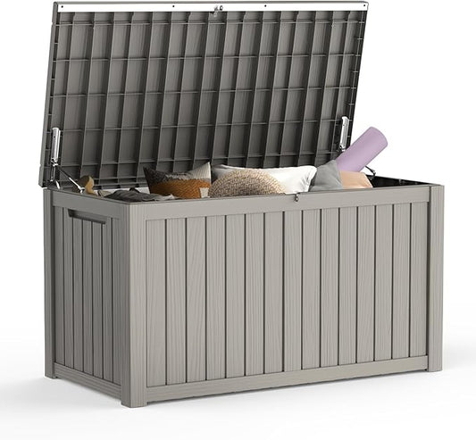 Mars Villa 180 Gallon Outdoor Storage Box, Large Waterproof Resin Deck Box for Patio Furniture Cushions, Pool Supplies, Gardening Tools, Lockable Storage Container, Weatherproof and UV Resistant, Grey