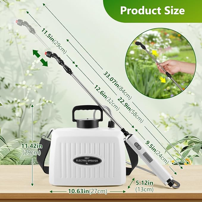 Electric Sprayer, Battery Powered Sprayer 6L/1.6 Gallon, with 3-Adjustable Nozzles, Retractable Wand, Rechargeable Handle & Adjustable Shoulder Strap, Suitable for Garden, Lawn & Cleaning.