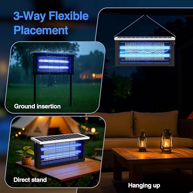 Solar Bug Zapper Outdoor, Powerful Mosquito Zapper, Electric Mosquito Killer Outdoor, Waterproof & Portable Fly Killer, Rechargeable Flying Insect Trap for Patio, Yard, Garden, Home, Camping, Black