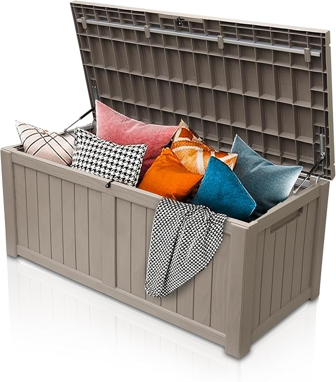 AJP Distributors 120 Gallon Outdoor Storage Box, Rain Waterproof Resin Deck Box, Lockable Large Storage Container for Patio Furniture, Cushions, Garden Tools, Sports Equipment and Pool Supplies Taupe