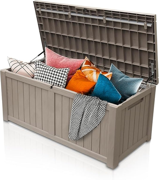 AJP Distributors 120 Gallon Outdoor Storage Box, Rain Waterproof Resin Deck Box, Lockable Large Storage Container for Patio Furniture, Cushions, Garden Tools, Sports Equipment and Pool Supplies Taupe