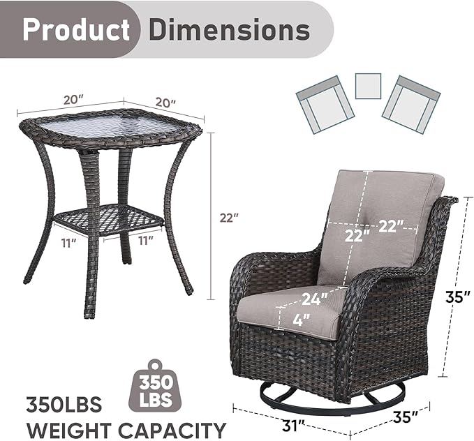 Patio Wicker Chairs Swivel Rocker,3 Pieces Patio Furniture Set with 360 Degree Wicker Swivel Rocking Chairs and Side Table for Garden,Porch,Backyard