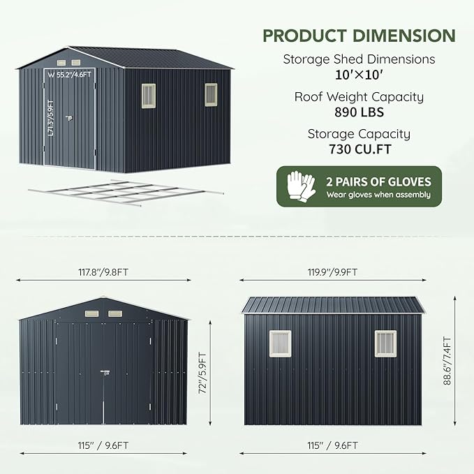 10x10 FT Outdoor Metal Storage Shed with Floor Frame, Double Swing Doors, 2 Clear Windows,Tool Shed for Garden, Patio, Backyard