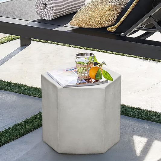 COSIEST Concrete Accent Table, Hexagon Patio Side Table 14.5''Wx12''H, Modular Design Indoor Outdoor End Table, Light Grey