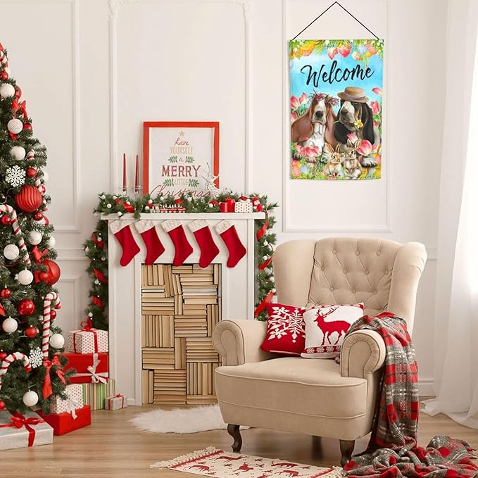 Happy Easter Basset Hound Dog Flowers Eggs Bunny Garden Flag Welcome Party Outdoor Outside Decorations Picks Home House Garden Yard Decor 12x18 Inch