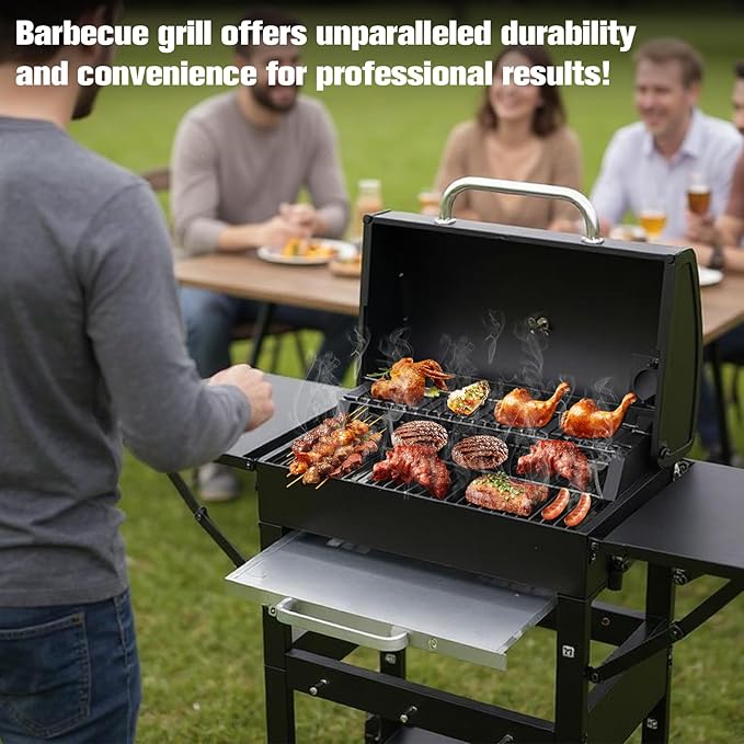 CIG GARDEN 20-Inch Charcoal Grill with 2 Foldable Side Tables,Portable Grill Charcoal with 330 Sq.In.Cooking Area,Enamel Steel Wiring Charcoal Grill with Pull-out Charcoal Trays for Outdoor Cooking