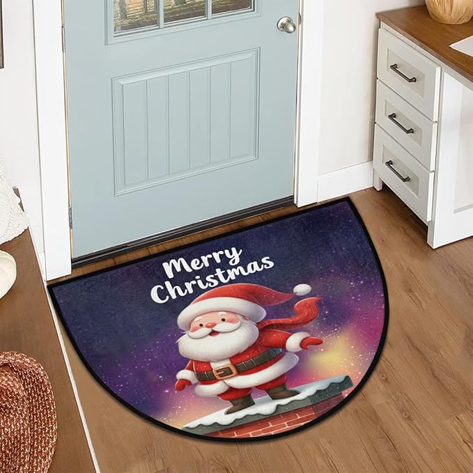 Christmas Half Round Door Mat, Merry Christmas Santa Chimney Semicircle Door Mats, Non Slip Area Rug Soft Doormat for Indoor Entrance Wear Resistant Welcome Mat for Garage Patio Home Decor 24 x 36 In