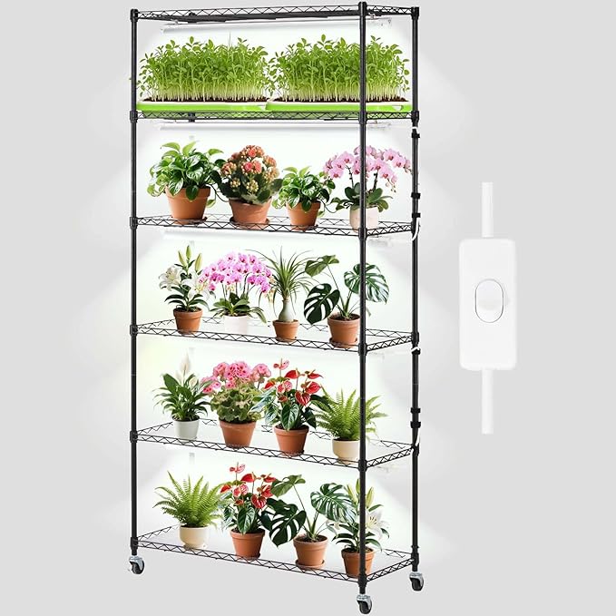VEVOR DIY Plant Stand with Grow Light, 6-Tier Large Tall Plant Shelf with 192W 5000K Full Spectrum Grow Lights, Indoor Grow Light Shelf with Wheels for Seed Starting 29.5" L x 13.8" W x 70.9" H
