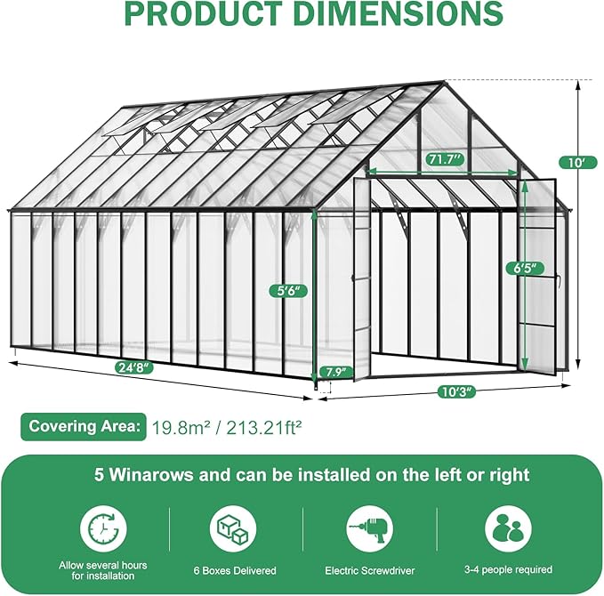 CDCASA 10x24 FT Greenhouse for Outdoors,Large Easy Assembly Thicker Aluminum Polycarbonate Greenhouses w/5 Windows, Double Door, Walk-in Green House for Outside,Patio,Backyard,Garden