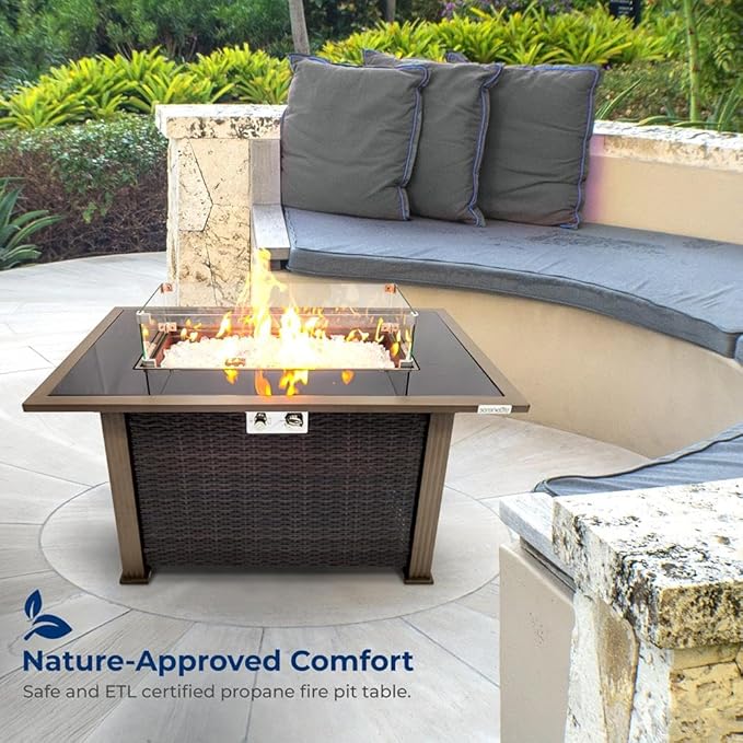 SereneLife 43.5-Inch Outdoor Propane Fire Pit Table – 50,000 BTU, Tempered Glass Wind Guard, Sliding Door, Auto-Ignition, Stainless Steel Burner, Waterproof Cover – Ideal for Patio, Garden & Backyard
