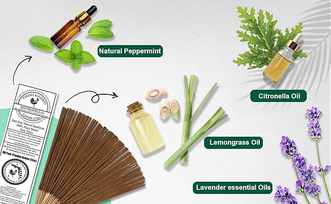 Farm Raised Candles - USA Made Mintronella - Natural Mosquito Repellent Sticks – 100 Pcs - Outdoor Insect Sticks – Citronella & Peppermint – Bug, Fly, Gnat, No-See-Um for Patio & Camping