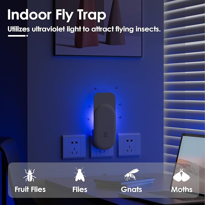 Fly Trap Indoor, 3 in 1 Plug-in Fruit Fly Trap, 4 Trap White and 20 Glue Cards, Fruit Fly Traps for Indoors, Flying Insect Trap for Gnat, Moth, Mosquito, Suitable for Every Part of The Home
