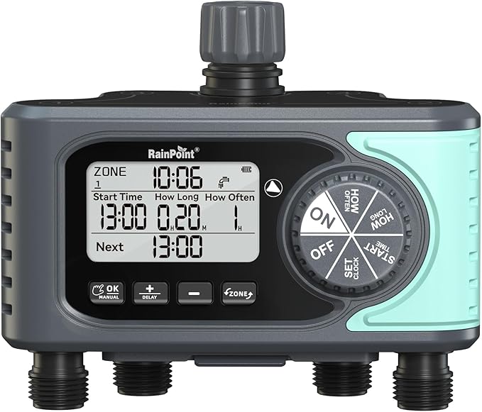 RAINPOINT Sprinkler Timer, 4 Outlets Hose Timers, 4 Zone Water Timer for Watering with Rain Delay/Manual/Automatic Timed Irrigation Controller System for Lawn
