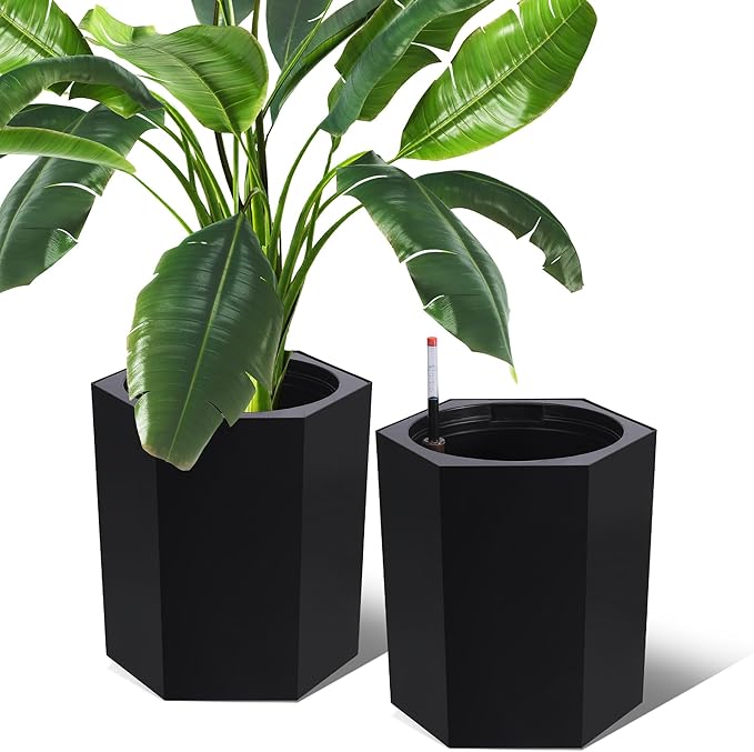 16 Inch Tall Outdoor Planters Set of 2, Self Watering Pots for Indoor Plants with Water Level Monitor & Drainage Hole & Wheels, Large Planter Pots for Garden, Patio, Balcony, Lounge, Black