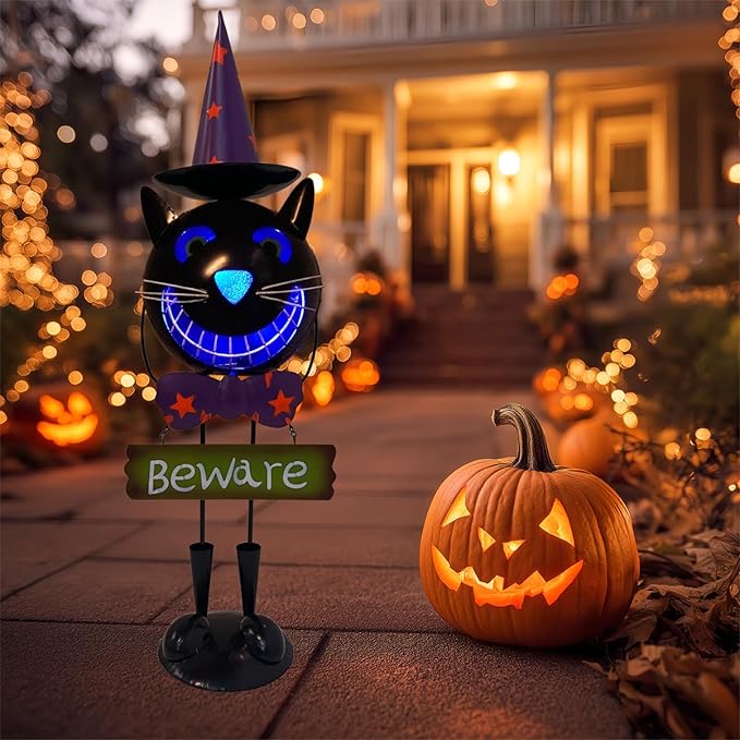 Halloween Decorations Outdoor Solar Lights- Metal Black Cat Statues with Witch Hat, 24 Inch Spooky Cat Figurine with Color Change LED Lights