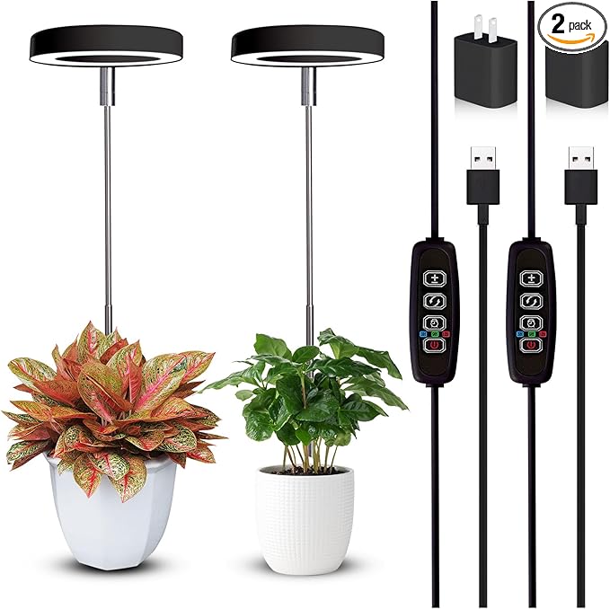 Grow Lights for Indoor Plants Small Potted - Full Spectrum, Auto 3/9/12H Timer, 10-Level Dimming & Adjustable Height - Compact Grow Light for Succulents, Herbs, Foliage in Home/Office (Black,2PACKS)