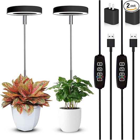 Grow Lights for Indoor Plants Small Potted - Full Spectrum, Auto 3/9/12H Timer, 10-Level Dimming & Adjustable Height - Compact Grow Light for Succulents, Herbs, Foliage in Home/Office (Black,2PACKS)