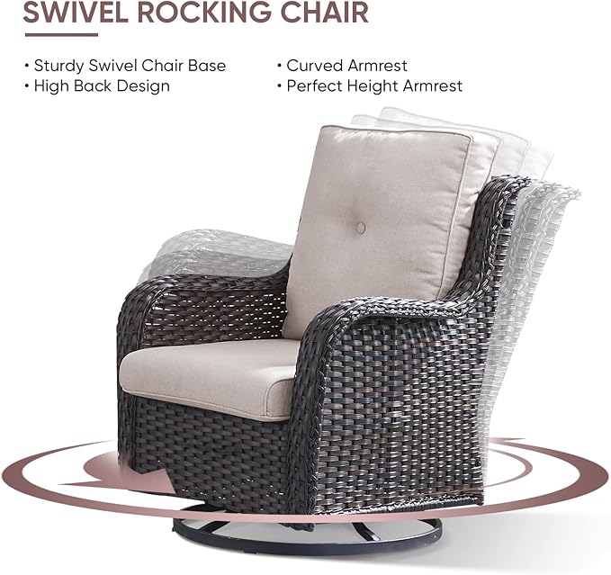 4 Piece Patio Furniture-All-Weather PE Wicker Outdoor Patio Furniture with Swivel Rocker Chairs,Outdoor Couch, Set with Coffee Table-Brown/Beige