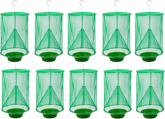 Ranch Fly Trap Outdoor Hanging Reusable with Fishing Apparatus | Food Bait Tray Catcher Cage for Indoor or Outdoor Family Farms, Park (10 Pack)