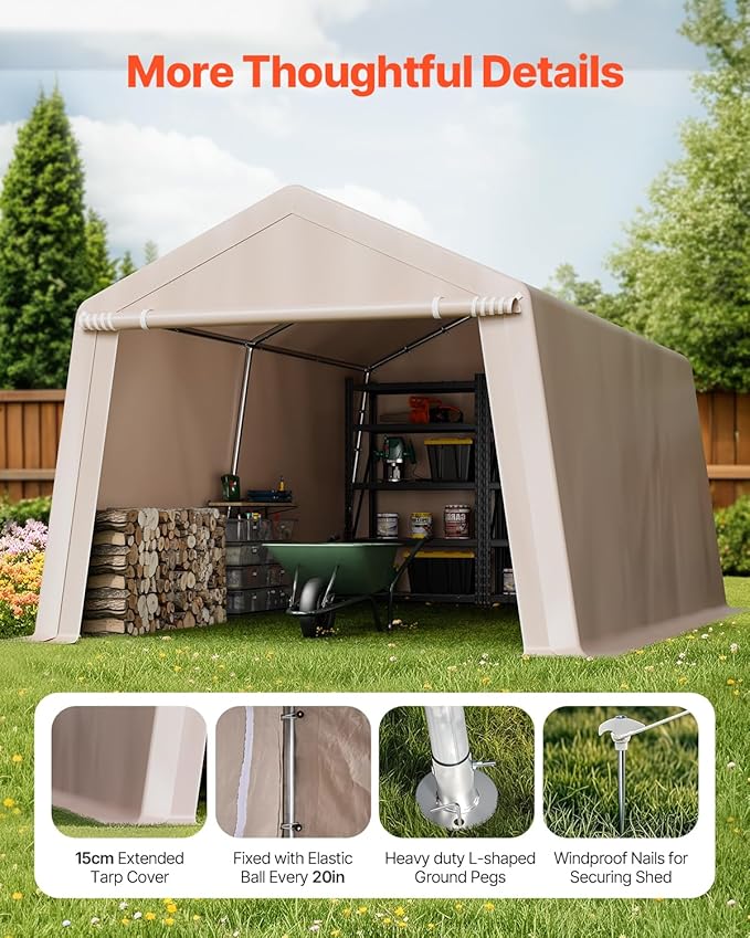 VEVOR Outdoor Storage Shed, 10 x 15 ft Portable Storage Tent with Roll-up Door & Vents, Waterproof Canopy Shed Shelter, Heavy Duty Frame, Patio Garage Carport for Motorcycle, Lawn Mower, Bike, Beige