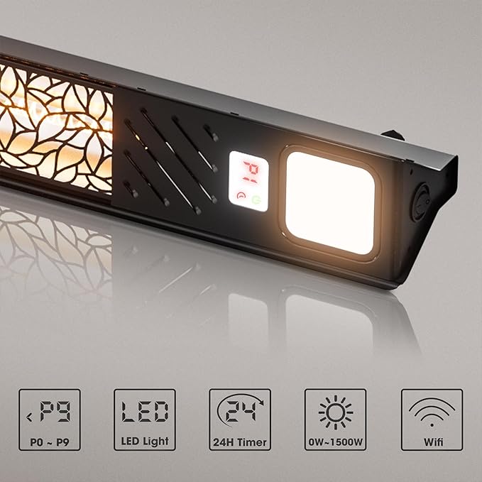 Wall-Mounted Electric Heater Hanging Patio with Light Ceiling Outdoor, 1500W Infrared 9 Heat Levels, 24H Timers, 1s Heating Carbon Fiber Tube Wall Heater for Backyard, Garage