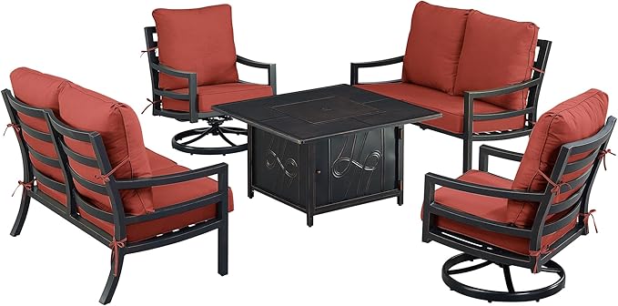 Oakland Living Black Aluminum Patio Fire Table Set with Two Deep Seating Loveseat with Cushions and Two Club Chairs with Red Cushions