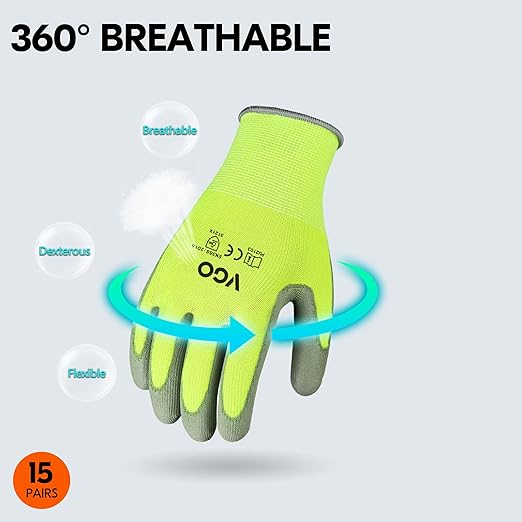 Vgo... 15-Pairs Safety Work Gloves, Gardening Gloves, Polyurethane Coated, Dipping Gloves, Latex Free (Size XL, Yellow, PU2103)