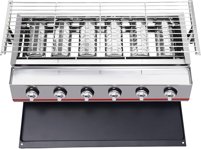 Outdoor Park Grills, 6 Burner Gas BBQ Grill With Adjustable Temperature, Portable Stainless Steel Barbecue Table Top Grill Cooking With Adjustable Height With Food Tray For Families, Barbecue Stores