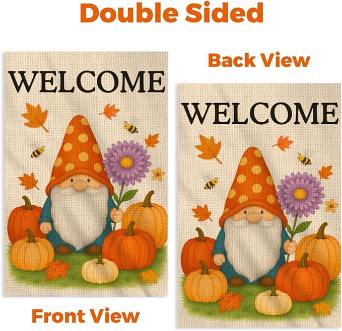 Fall Gnome Pumpkin Garden Flag 12x18 Double Sided – Burlap Front Yard Flag, Garden Flag Welcome, Weatherproof Farmhouse Outdoor Decor