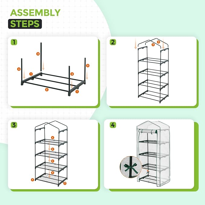 EAGLE PEAK Mini Greenhouse with Wire Shelves, Portable Indoor & Outdoor Green House with Roll-Up Zipper Door, 4 Tier, 27.2"x19.3"x64.2", Clear/White PE Cover