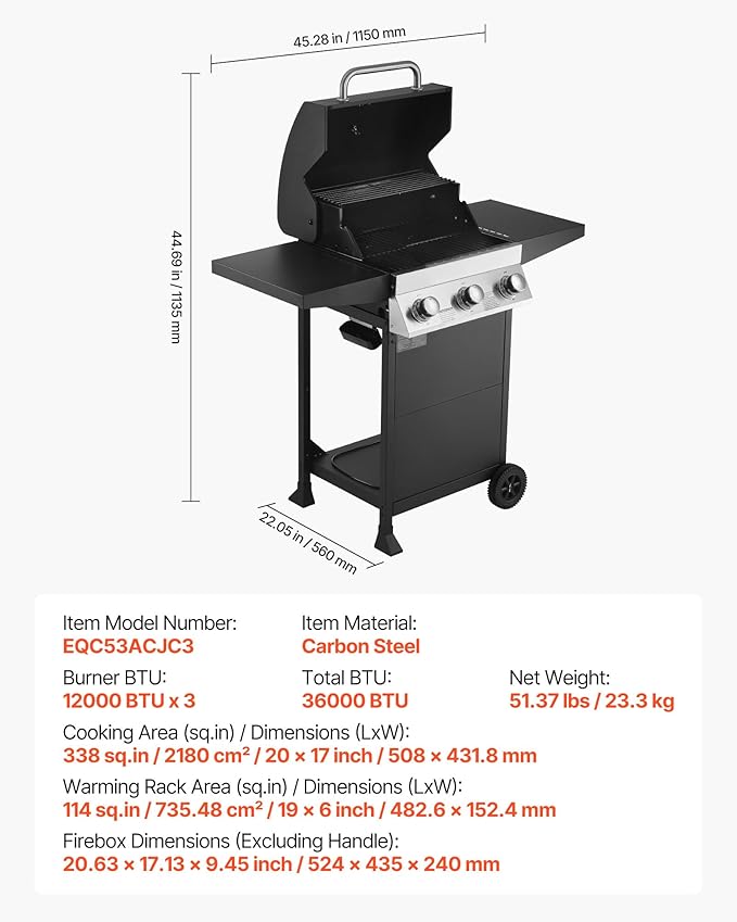 VEVOR Gas Grill, 3 Burner Propane Gas Grill with Spacious 338 SQ.In Grilling Area, Carbon Steel Enamel Grates, Outdoor 36,000 BTU Patio Garden BBQ Grills with Foldable Side Shelves, Carbon Steel