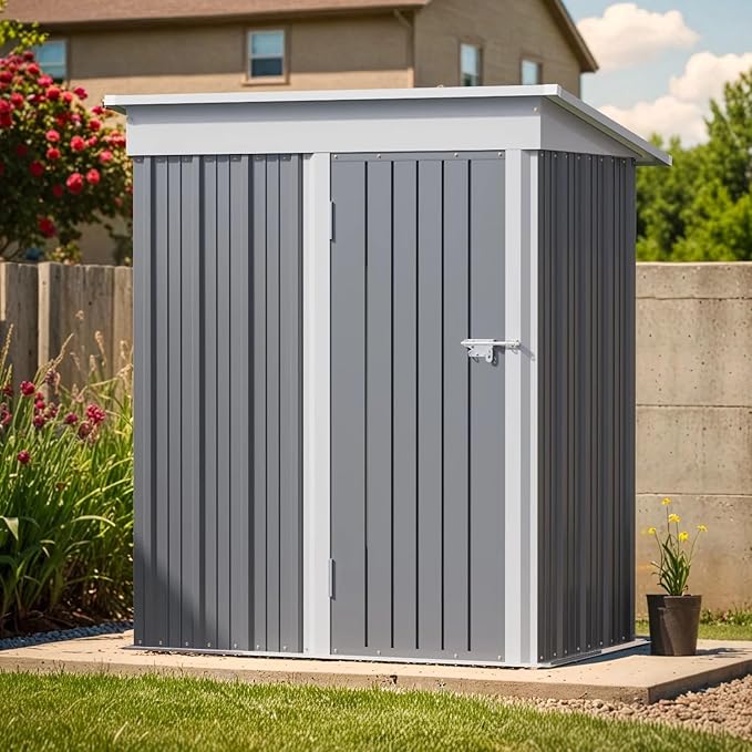 Greesum 5×3 FT Outdoor Storage Shed, Metal Storaged Sheds Without Floor, Tool Sheds with Lockable Doors and Slooping Roof for Garden, Patio, Backyard, Gray
