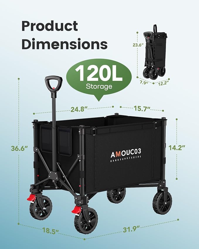 Wagons Carts Foldable, Collapsible Wagon Cart with 220 lbs Max Load and Expandable Storage Space, Heavy-Duty Foldable Wagon Cart with Wheels for Groceries, Shopping, Sport, Beach,Garden and Camping