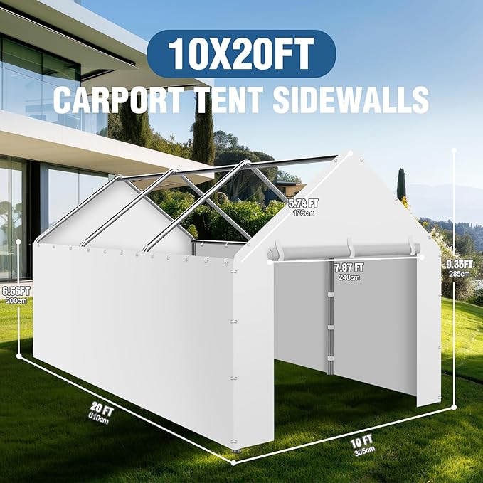 Canopy Sidewalls for 10' x 20' Carport with Ball Bungee Cords, Shelter Logic Replacement Covers Canopy Walls for Car Tent Garage(Sidewalls Only) (White)