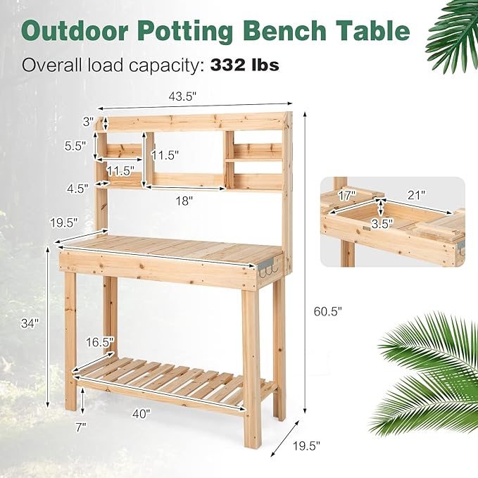 HAPPYGRILL Potting Bench Table, 60.5” Wood Garden Work Bench Workstation with Storage, Flip-Up Tabletop, Shelves & Hanging Hooks, Outdoor Garden Table for Patio, Lawn & Porch