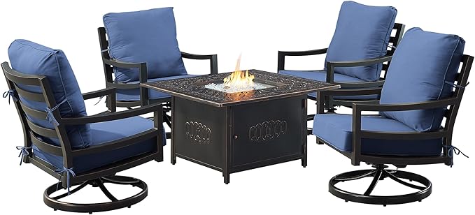 Oakland Living Black Aluminum Patio Fire Table Set with Four Club Chairs with Blue Cushions