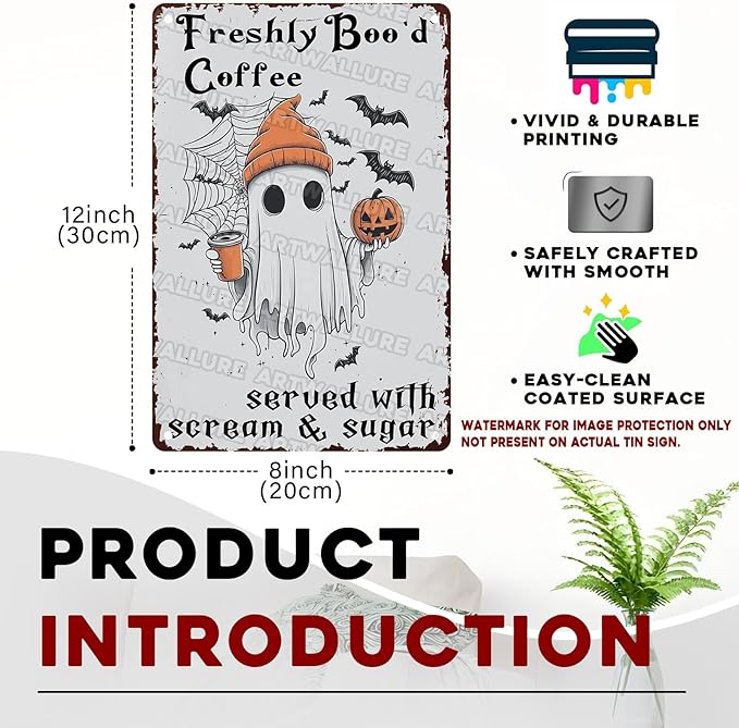 Halloween Rustic Metal Tin Sign Freshly Boo’d Coffee Vintage Fall Decor Retro Tin Plaque Kitchen Wall Art Metal Poster Home Iron Painting Wall Decor 8x12inch