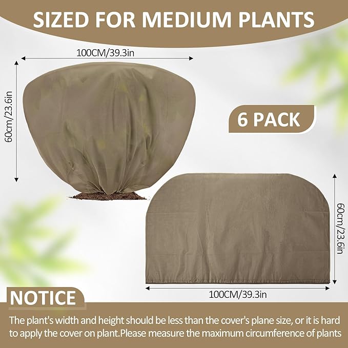 6 Pcs Winter Plant Covers Freeze Protection 39.4x23.6 Inch Horizontal Shrub Tree Rose Plant Protection Bags Frost Blanket with Drawstring for Fall Winter Outdoor Garden Planting (Brown)