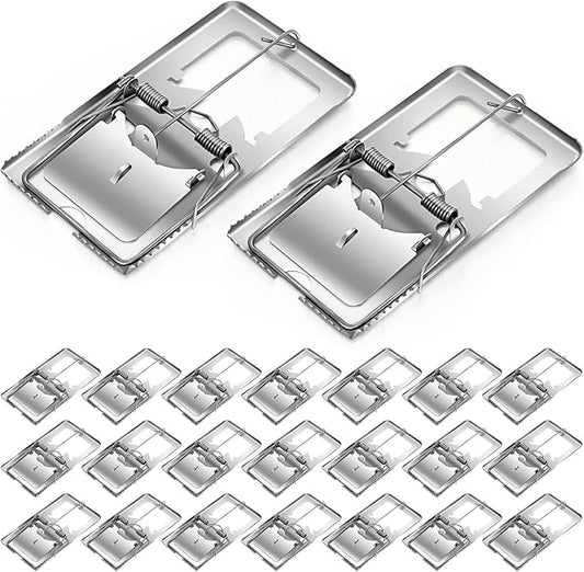 Qualirey 24 Pcs Classic Metal Rat Traps Reusable Mouse Trap Humane Effective Snap Rat Killer That Work for Indoor Outdoor Mice Voles and Small Rodents Control(Silver)