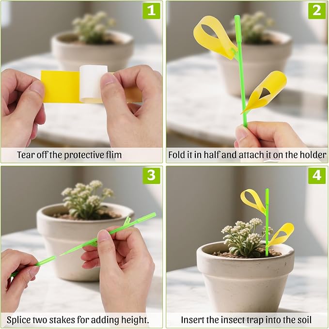 Gnat Sticky Traps for Plants, 100PCS Yellow Sticky Traps for Plant Gnats Indoor and Outdoor White-Flies Mosquitoes Killer, 15PCS Stakes Holder Included