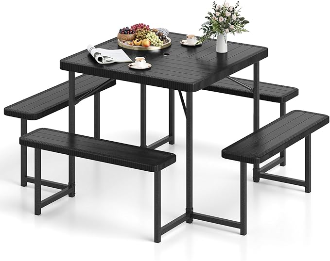 Tangkula 8 Person Picnic Table, HDPE Outdoor Square Table and Bench Set with 4 Built-in Benches, Umbrella Hole, Metal Frame for Garden Yard Patio Lawn