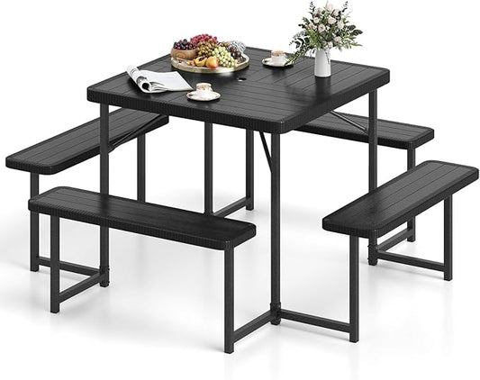 Tangkula 8 Person Picnic Table, HDPE Outdoor Square Table and Bench Set with 4 Built-in Benches, Umbrella Hole, Metal Frame for Garden Yard Patio Lawn