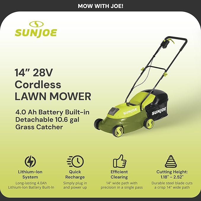 Sun Joe MJ401C 14-Inch 28-Volt Cordless Push Lawn Mower, w/10.6-Gallon Collection Bag, 3-Position Height Adjustment, Safety Key, 14 inches, Green